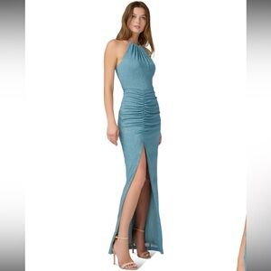 NWT Elegant Sparkle Ruched Halter Gown with Thigh High Slit in Icy Sage